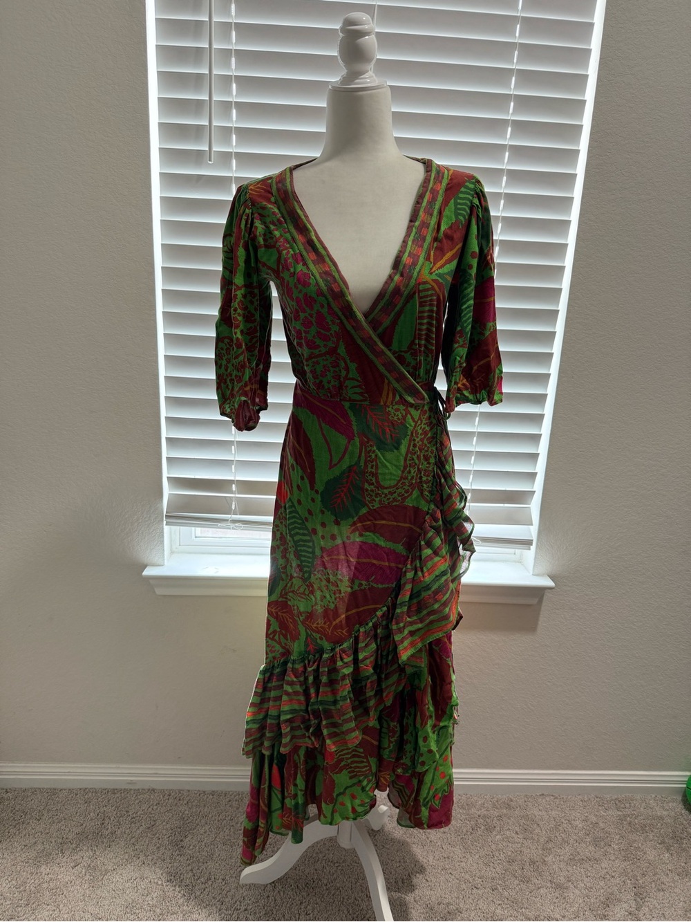 Farm Rio Tropical Floral Wrap Dress in Green & Red - Picture 5 of 11